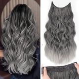 Invisible Wire Hair Extensions with Transparent Headband Adjustable Size 4 Secure Clips Long Wavy Secret Wire Hairpiece 20 Inch Grey/Sliver Mixed for Women