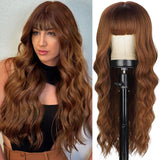 Blonde Wig With Bangs Long Wavy Curly Ombre Wig with Dark Root Human Hair Wigs