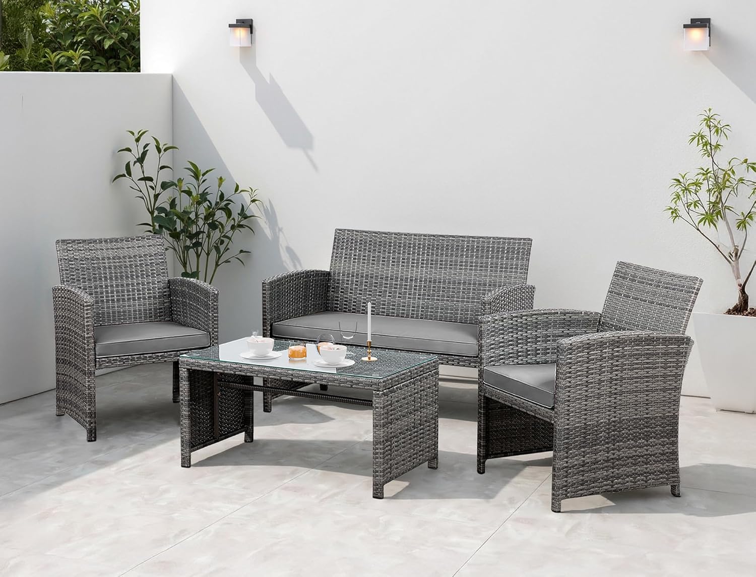Shintenchi 4 Piece Patio Ratten Set Outdoor Furniture Set Wicker Conversation Set with Cushions and Tempered Glass Tabletop,Beige