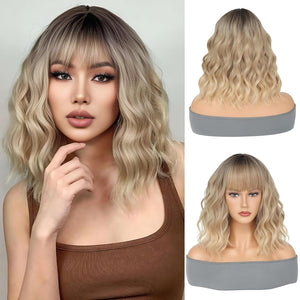 Blonde Wig with Bangs Short Bob Wavy Wig Loose Curly Shoulder Length human hair lace wigs - Wigtrends