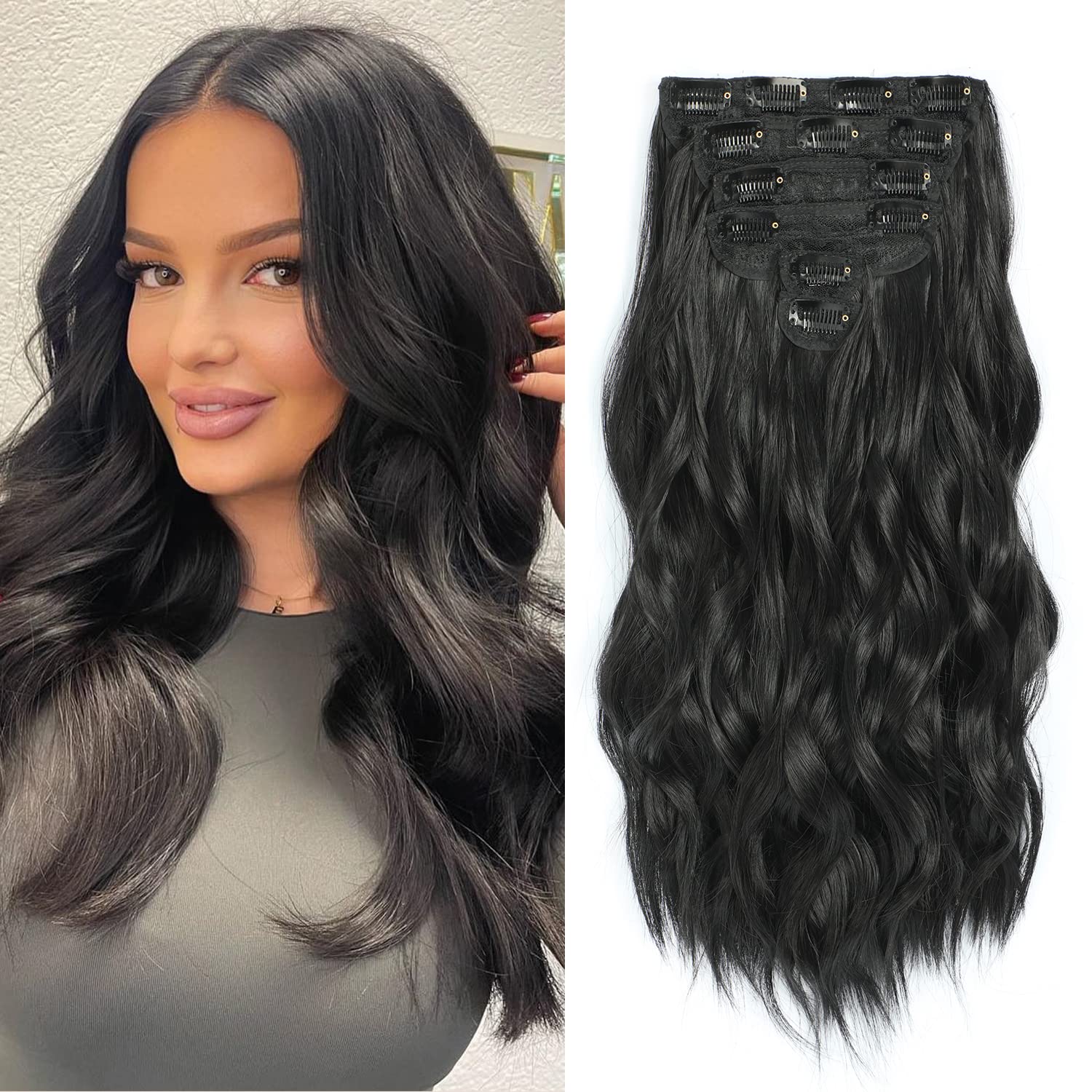 Clip in Hair Extensions 6 PCS Natural & Soft Hair Blends Well Hair wigs Dark Brown Long Wavy Hairpieces