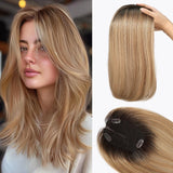 14 Inch Chestnut Brown & Honey Blonde Hair for Women Human Hair Wig piece Swiss Base