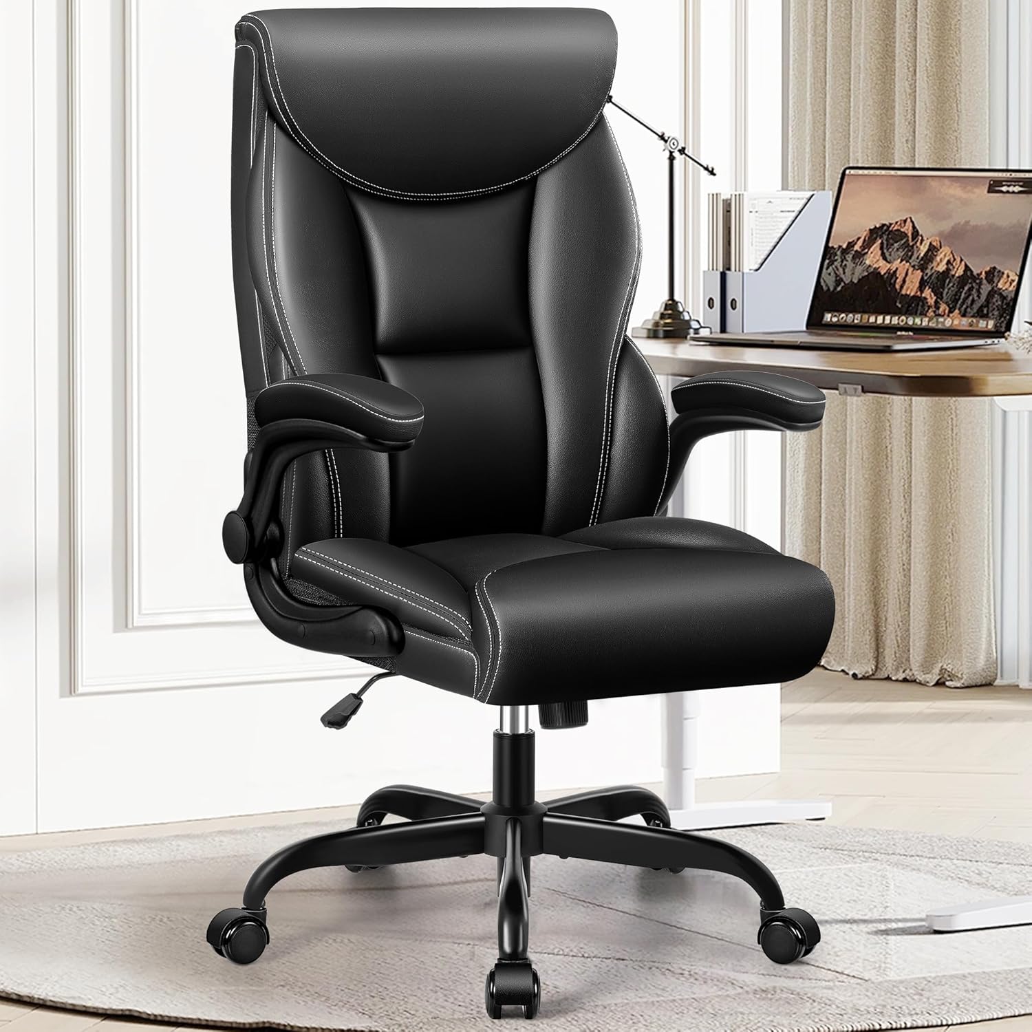 Office Chair, Ergonomic Big and Tall Computer Desk Chairs, Executive Breathable Leather Chair with Adjustable Flip-up Armrests, Lumbar Support Swivel PC Chair with Rocking Function