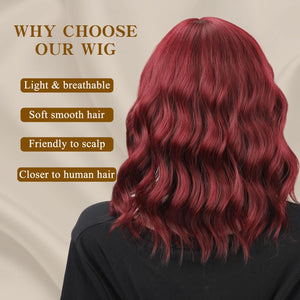 Red Wig with Bangs Short Wavy Wigs for Women Wine Red Curly Shoulder Length Bob Human Hair Wig - Wigtrends