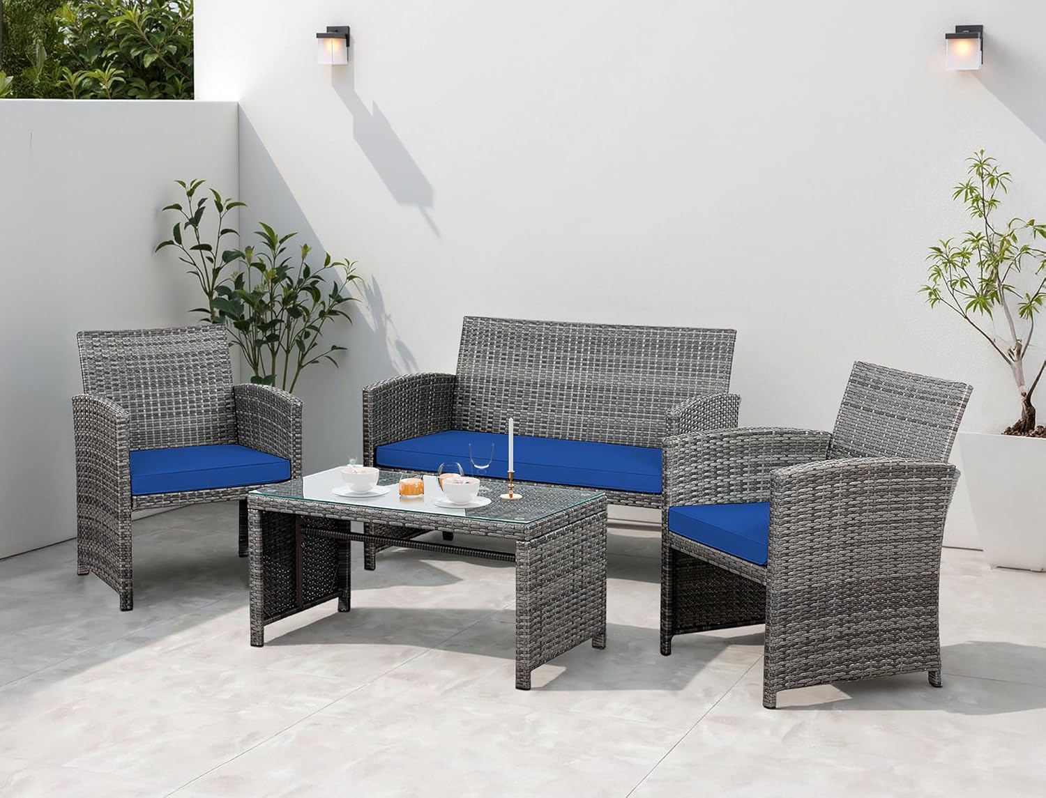 Shintenchi 4 Piece Patio Ratten Set Outdoor Furniture Set Wicker Conversation Set with Cushions and Tempered Glass Tabletop,Beige