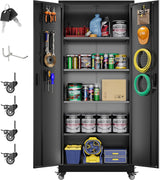Aobabo 73''H Metal Garage Storage Cabinet with Wheels,Steel Cabinets with 2 Doors and 4 Adjustable Shelves for Home Office,Required Assembly,Black