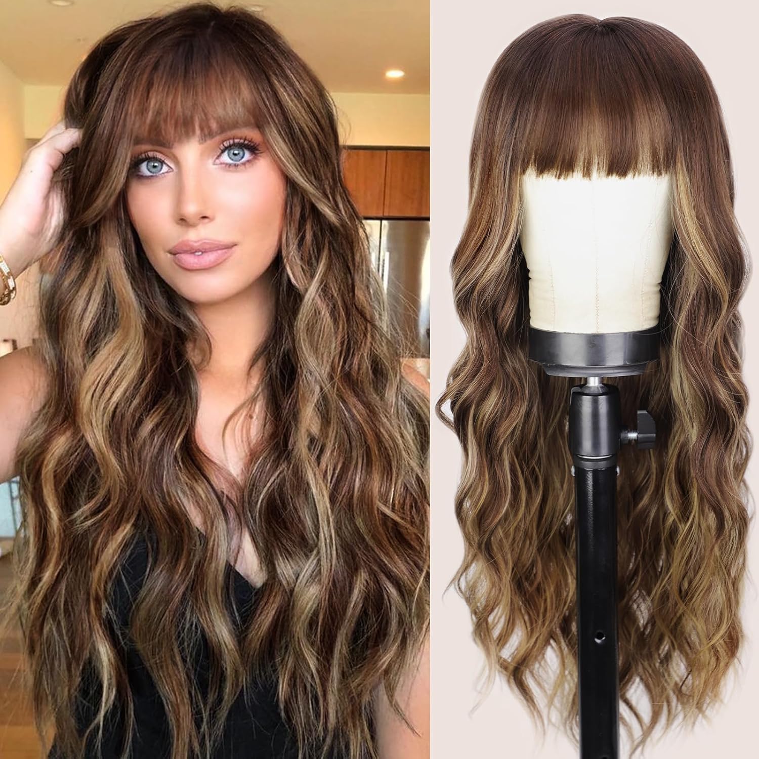 Blonde Wig With Bangs Long Wavy Curly Ombre Wig with Dark Root Human Hair Wigs