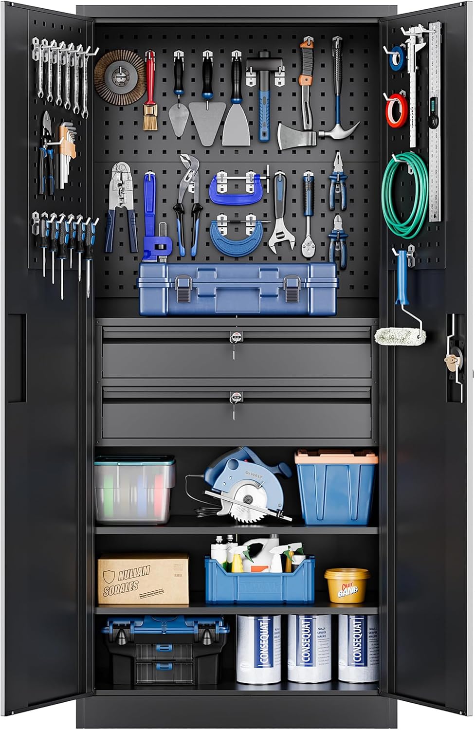 Yizosh Metal Garage Storage Cabinet with Locking Doors and 2 Drawers, Heavy Duty Steel Tool Cabinet with Pegboard, 71" - Lockable Cabinets for Garage, Warehouse, Basement (Black)