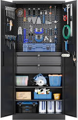 Yizosh Metal Garage Storage Cabinet with Locking Doors and 2 Drawers, Heavy Duty Steel Tool Cabinet with Pegboard, 71" - Lockable Cabinets for Garage, Warehouse, Basement (Black)