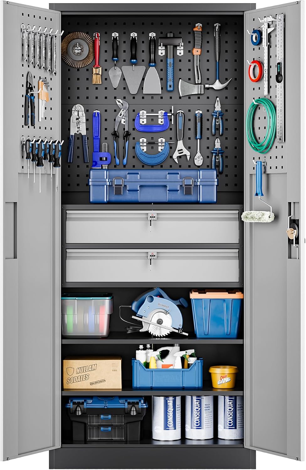 Yizosh Metal Garage Storage Cabinet with Locking Doors and 2 Drawers, Heavy Duty Steel Tool Cabinet with Pegboard, 71" - Lockable Cabinets for Garage, Warehouse, Basement (Black)