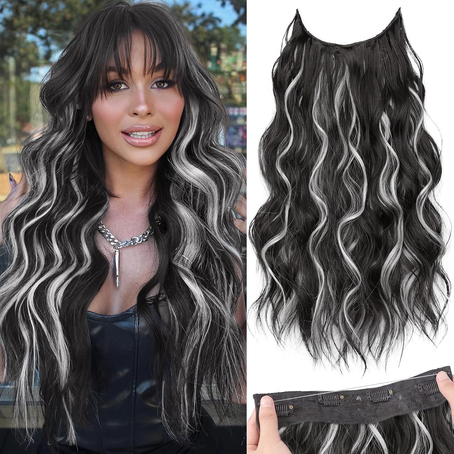 Invisible Wire Hair Extensions with Transparent Headband Adjustable Size 4 Secure Clips Long Wavy Secret Wire Hairpiece 20 Inch Grey/Sliver Mixed for Women