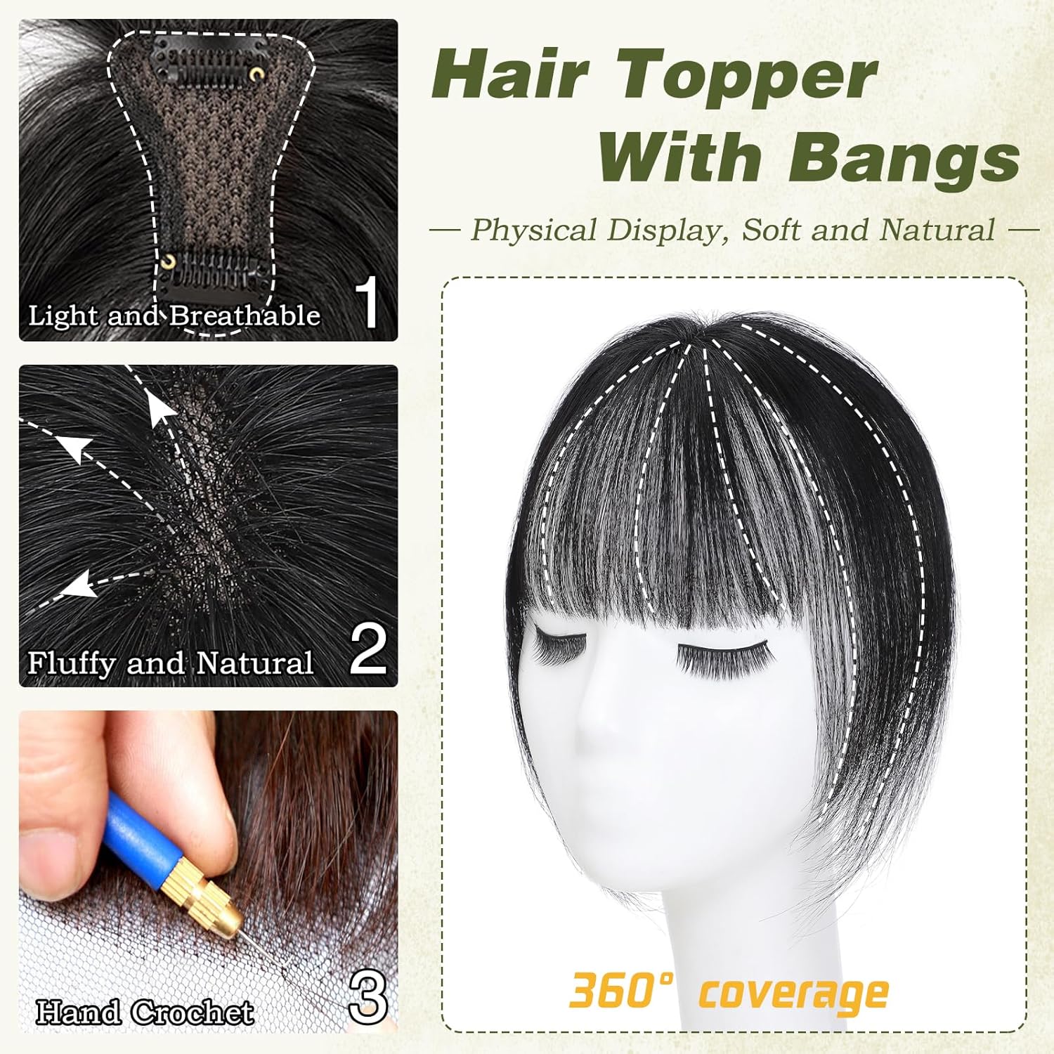 Clip in Bangs 100% Human Hair Toppers 360°3D Hair Pieces Clip On Air Bangs Extensions - Wigtrends