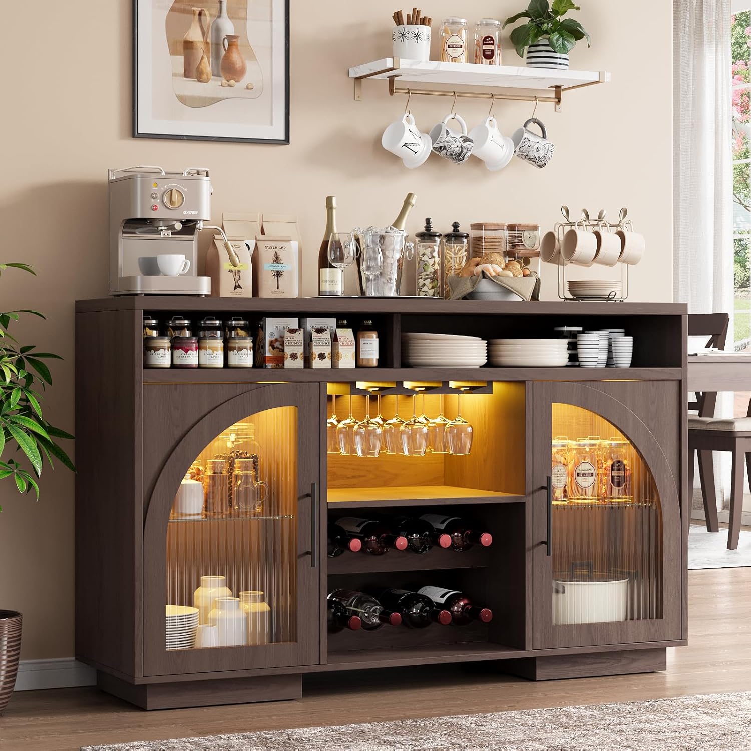 Sideboard Buffet Cabinet, 54" Kitchen Cabinet with LED Lights & Arched Glass Doors, Tall Bar Cabinets with 2 Adjustable Shelves, Wine Rack & Storage Table for Dining Room, Black