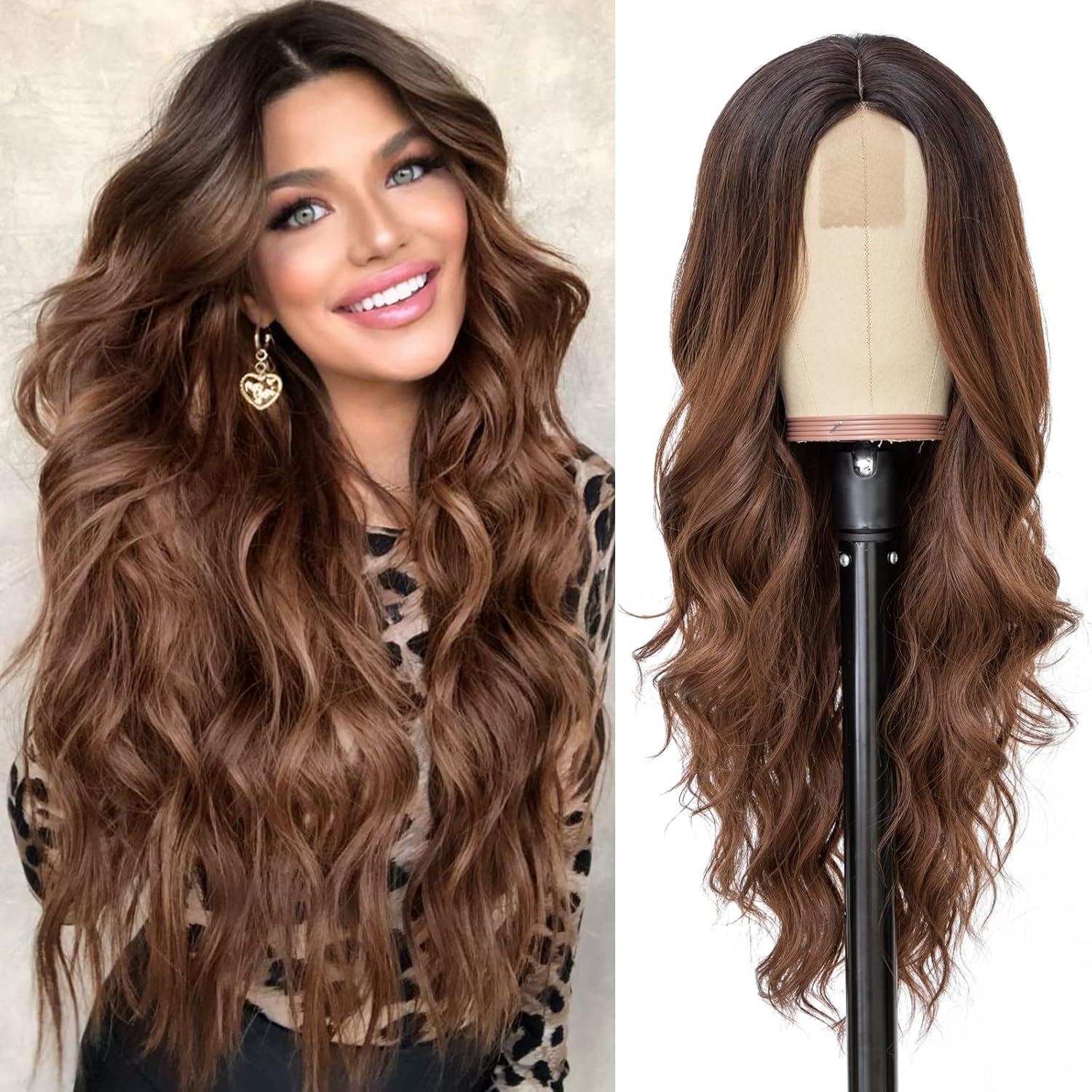 Long Auburn Wavy Wig 26 Inch Middle Part Curly Wavy Wig Natural Looking Synthetic Wig