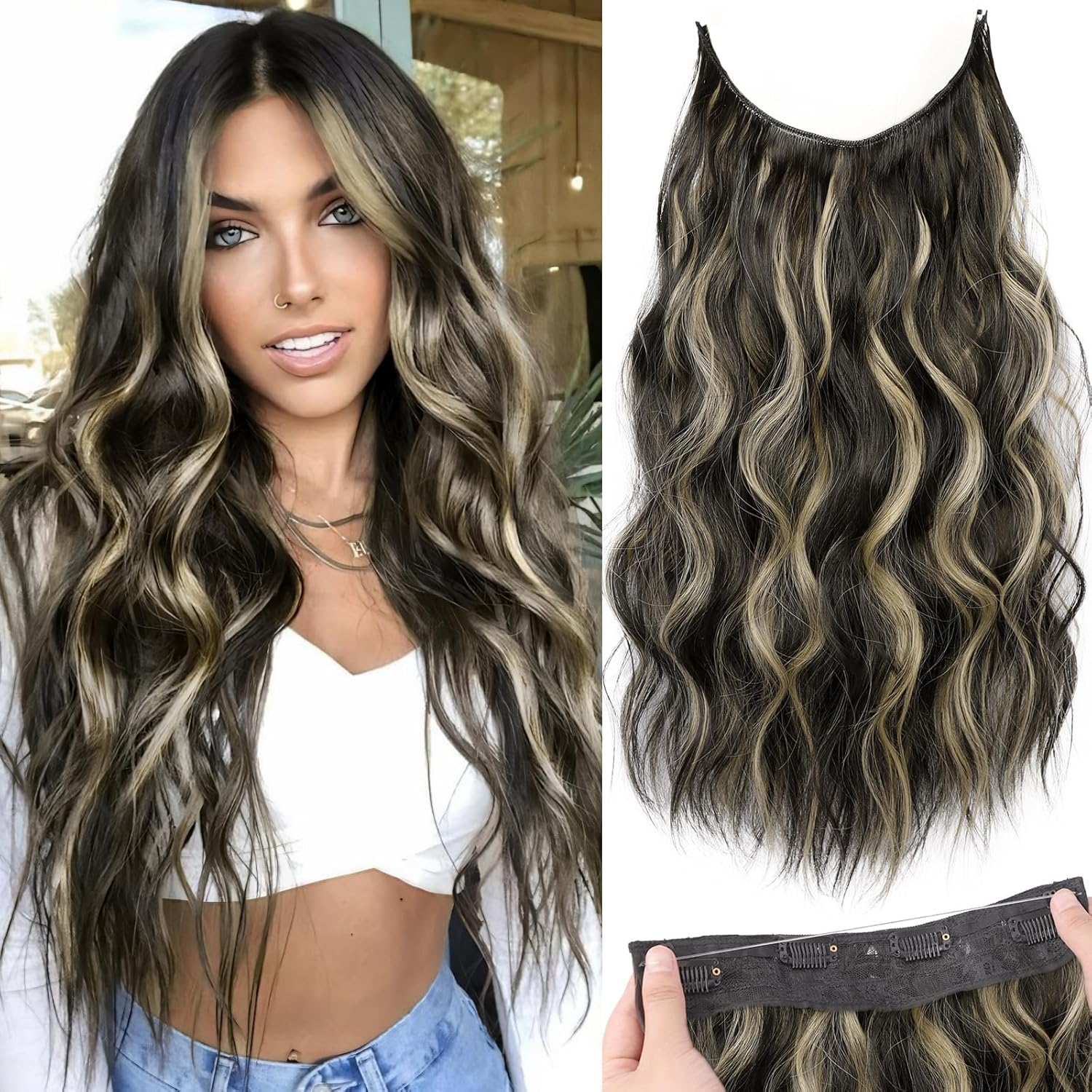 Invisible Wire Hair Extensions with Transparent Headband Adjustable Size 4 Secure Clips Long Wavy Secret Wire Hairpiece 20 Inch Grey/Sliver Mixed for Women