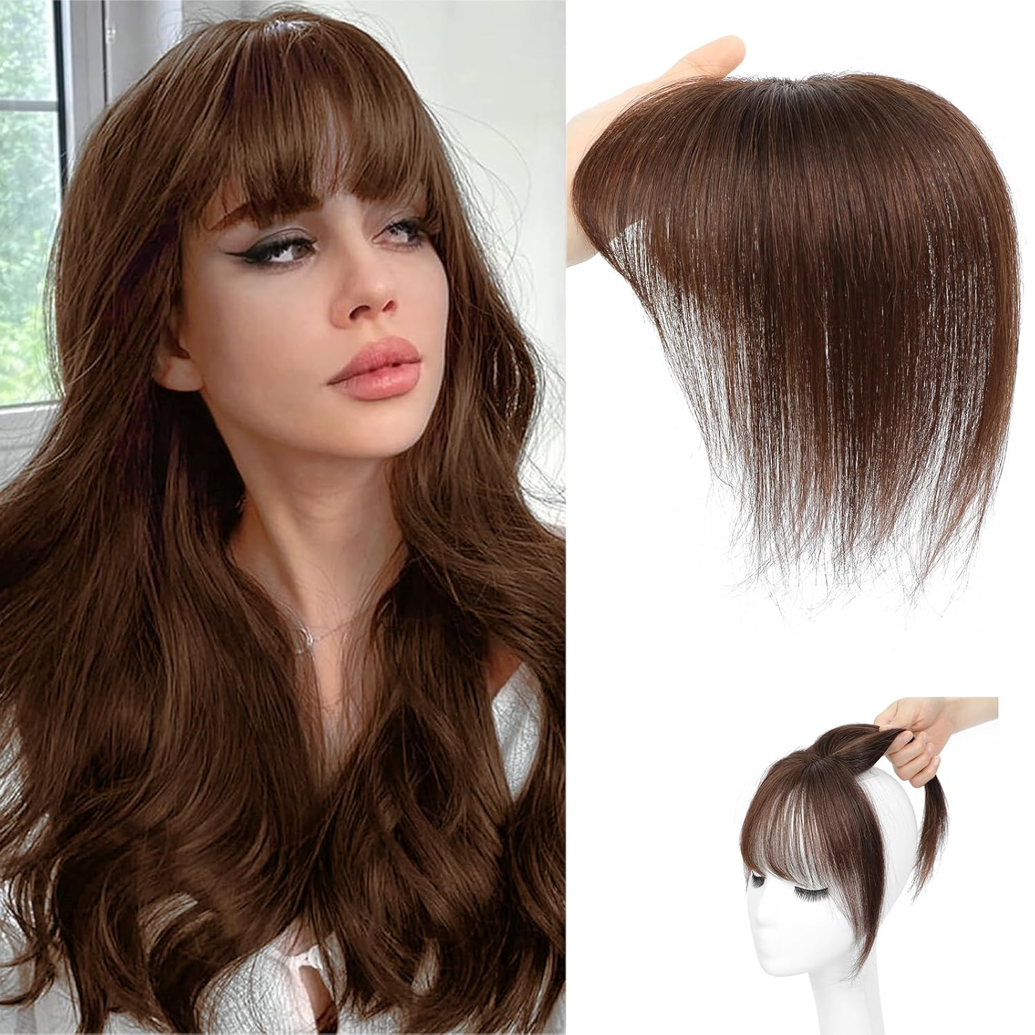 Bangs Toppers for Women 100% Human Hair Piece 360° 3D Cover Fake Clip