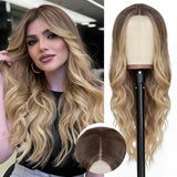 Long Auburn Wavy Wig 26 Inch Middle Part Curly Wavy Wig Natural Looking Synthetic Wig