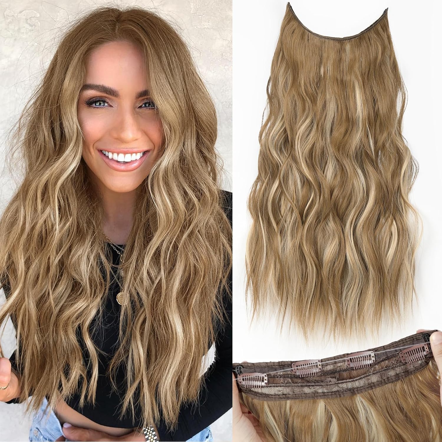 Invisible Wire Hair Extensions with Transparent Headband Adjustable Size 4 Secure Clips Long Wavy Secret Wire Hairpiece 20 Inch Grey/Sliver Mixed for Women