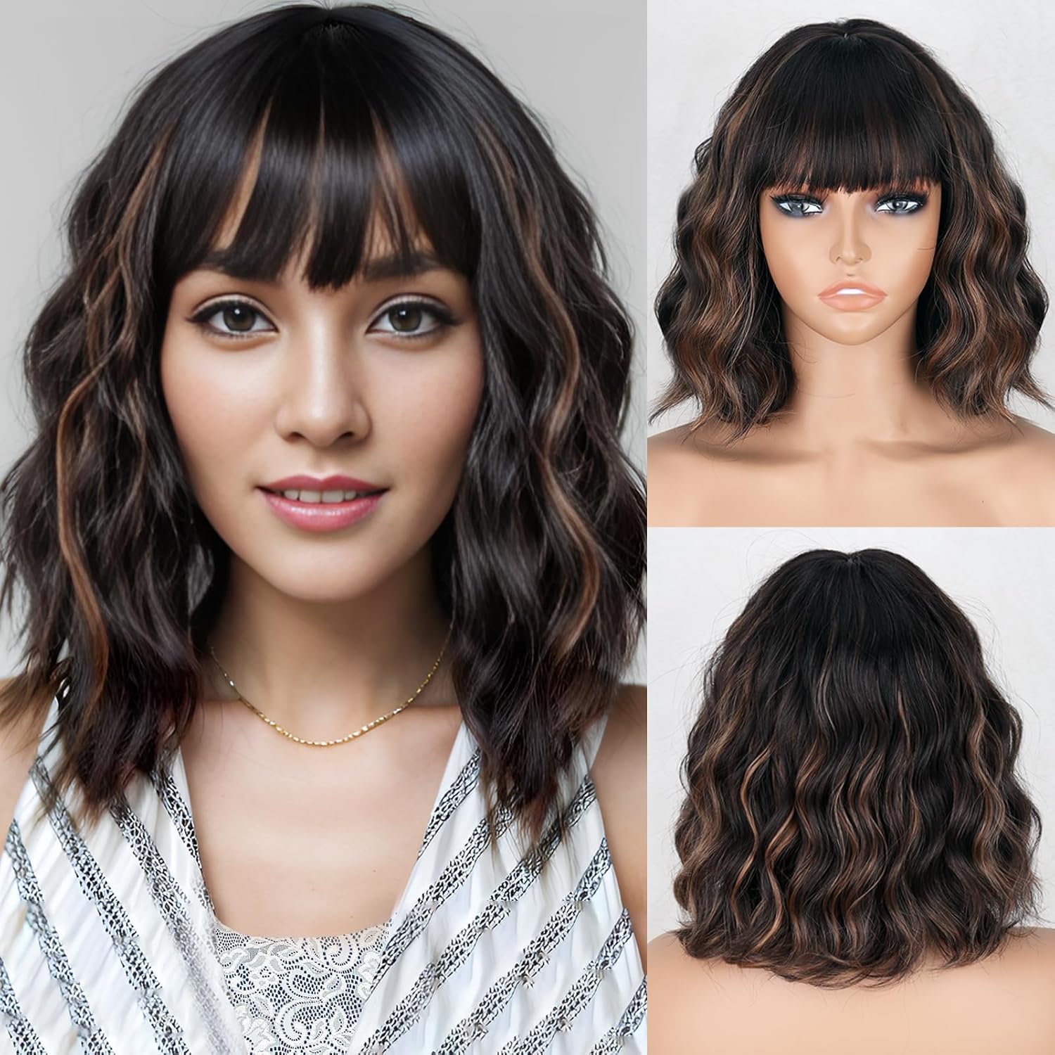 Short Wavy Black Wig with Bangs Bob Wig Synthetic Natural Looking Wigs