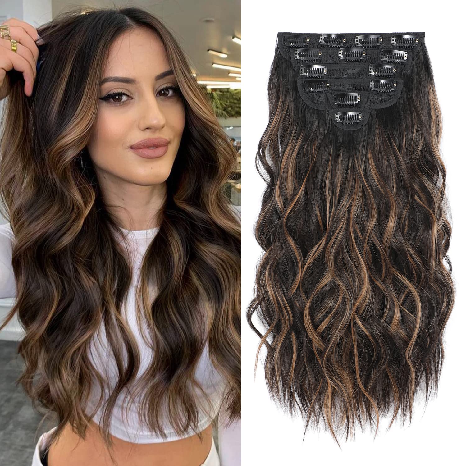 Clip in Hair Extensions 6 PCS Natural & Soft Hair Blends Well Hair wigs Dark Brown Long Wavy Hairpieces