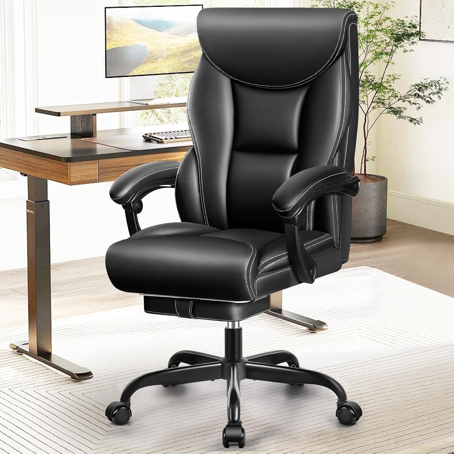 Office Chair, Ergonomic Big and Tall Computer Desk Chairs, Executive Breathable Leather Chair with Adjustable Flip-up Armrests, Lumbar Support Swivel PC Chair with Rocking Function