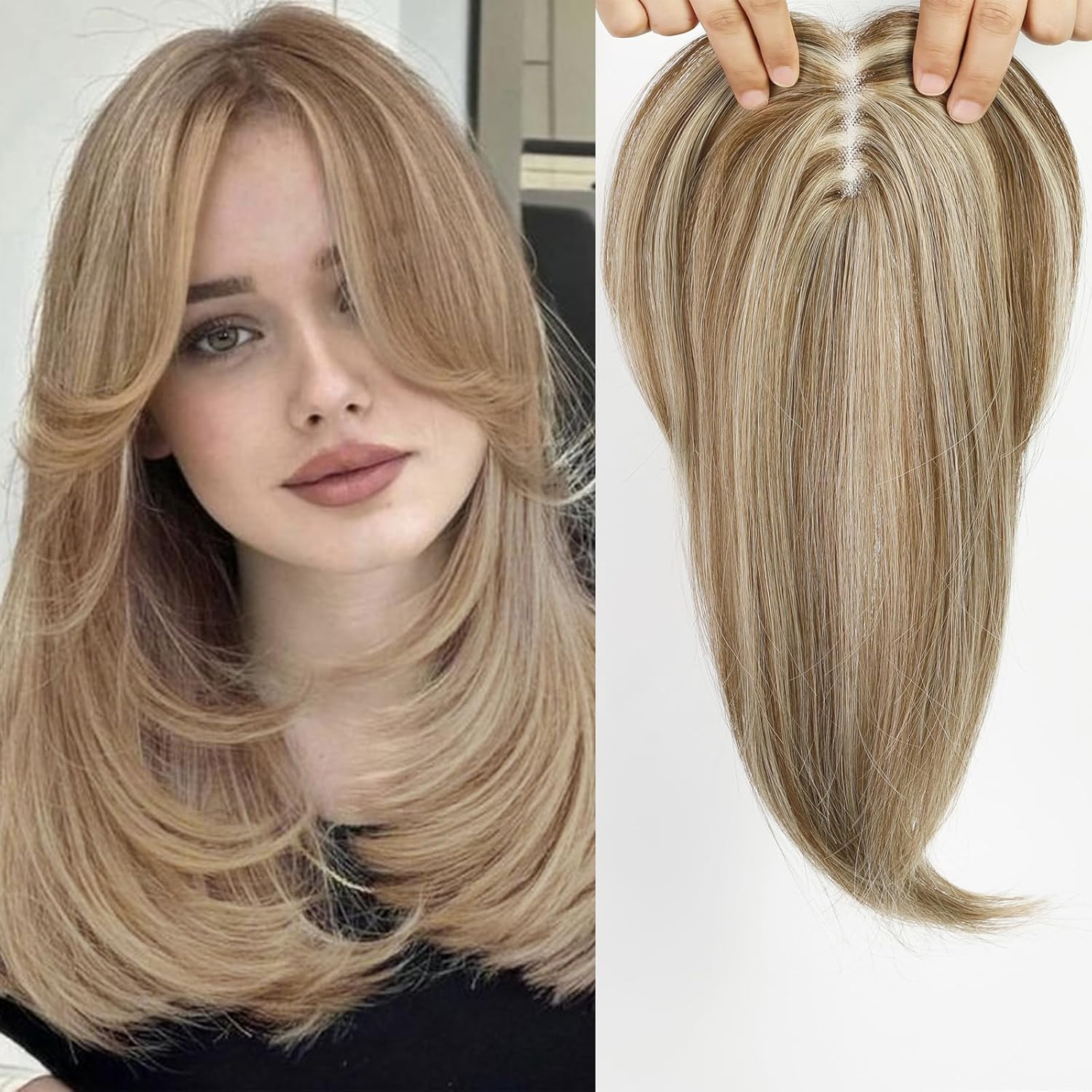 14 Inch Chestnut Brown & Honey Blonde Hair for Women Human Hair Wig piece Swiss Base