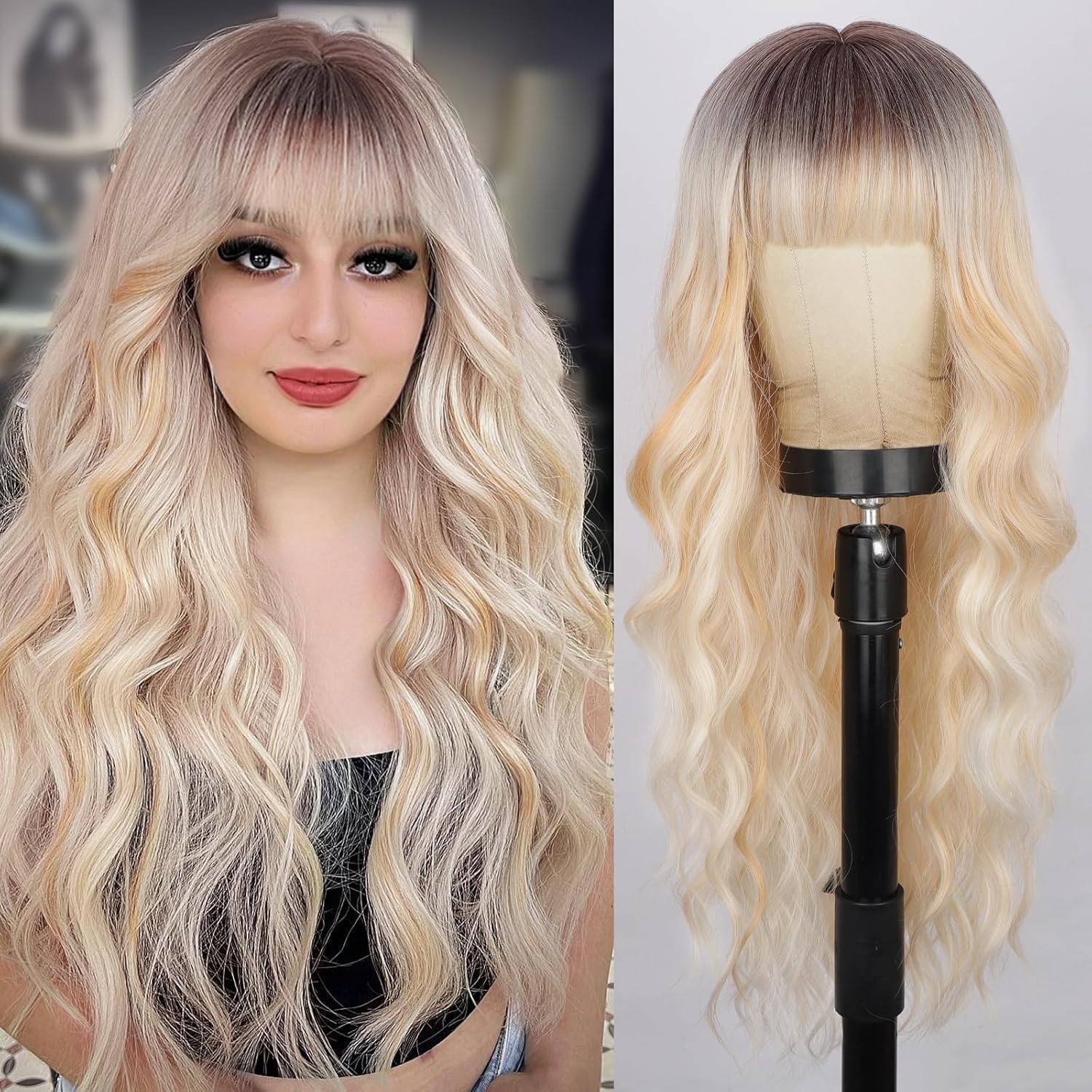 Blonde Wig With Bangs Long Wavy Curly Ombre Wig with Dark Root Human Hair Wigs