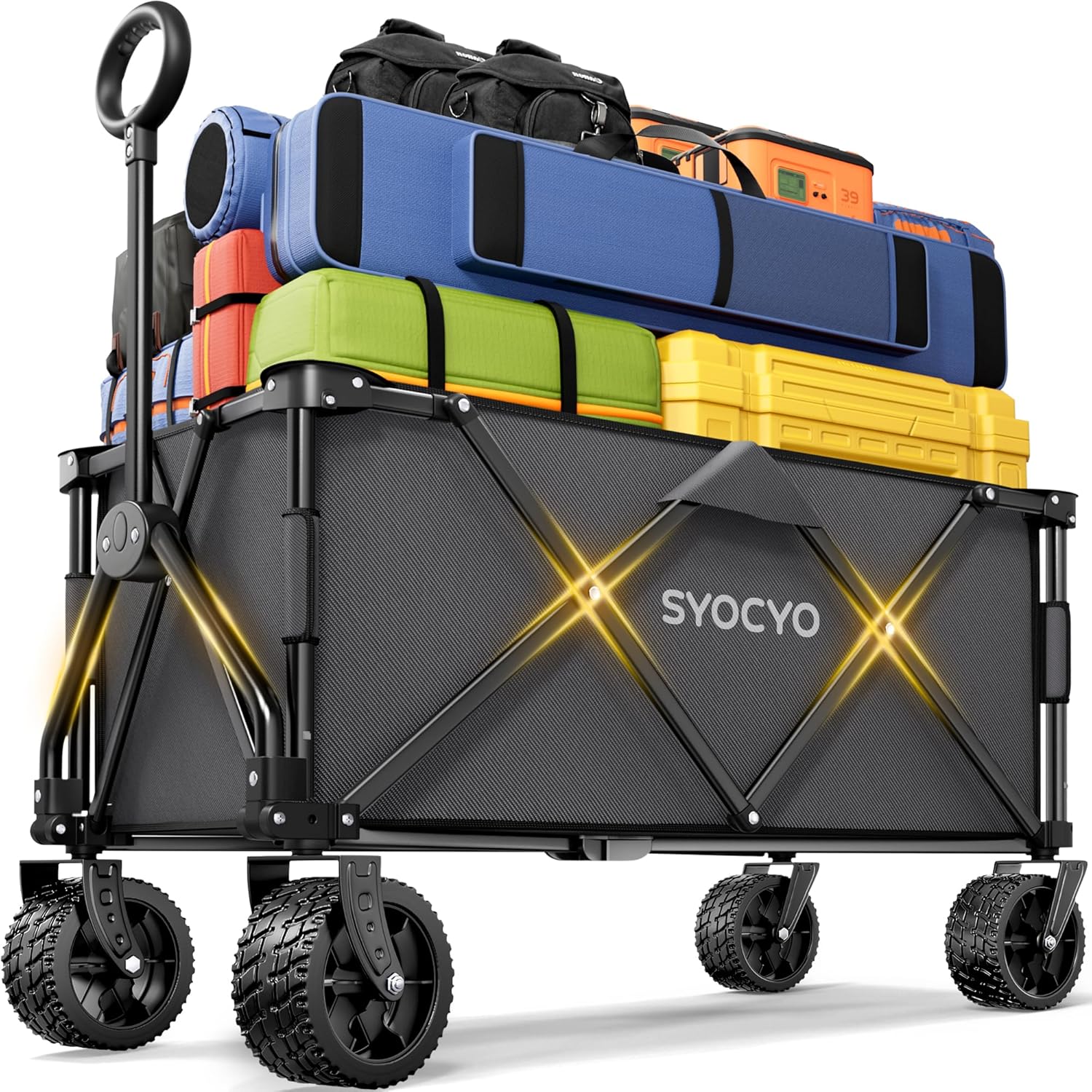 Collapsible Wagon with Big Wheels, Beach Wagons Carts Foldable with All-Terrain Wheels, Large Weight Capacity Heavy Duty Carts with Cup Holders for Camping, Garden, Sports, Grocery Black