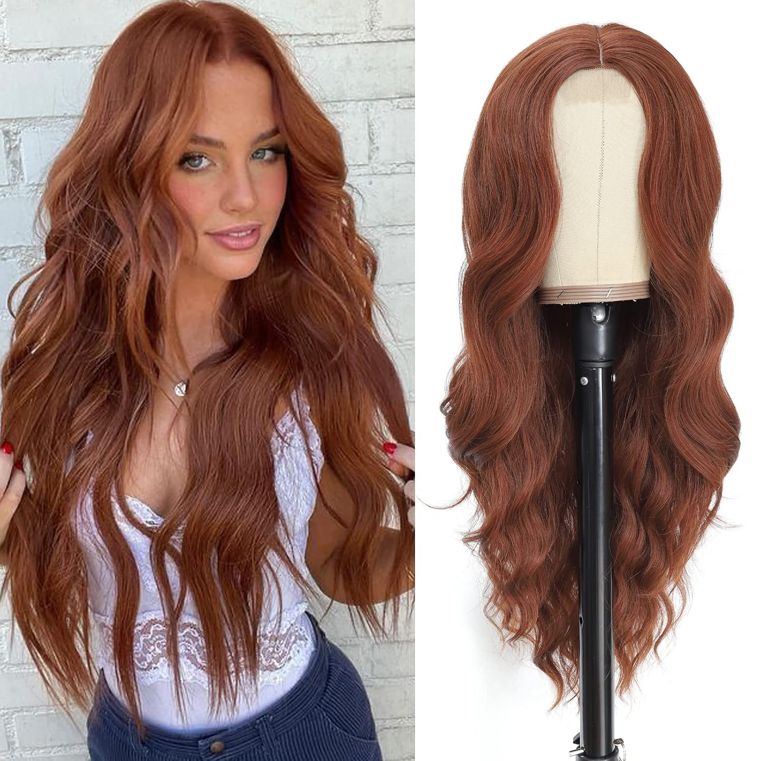 Long Auburn Wavy Wig 26 Inch Middle Part Curly Wavy Wig Natural Looking Synthetic Wig