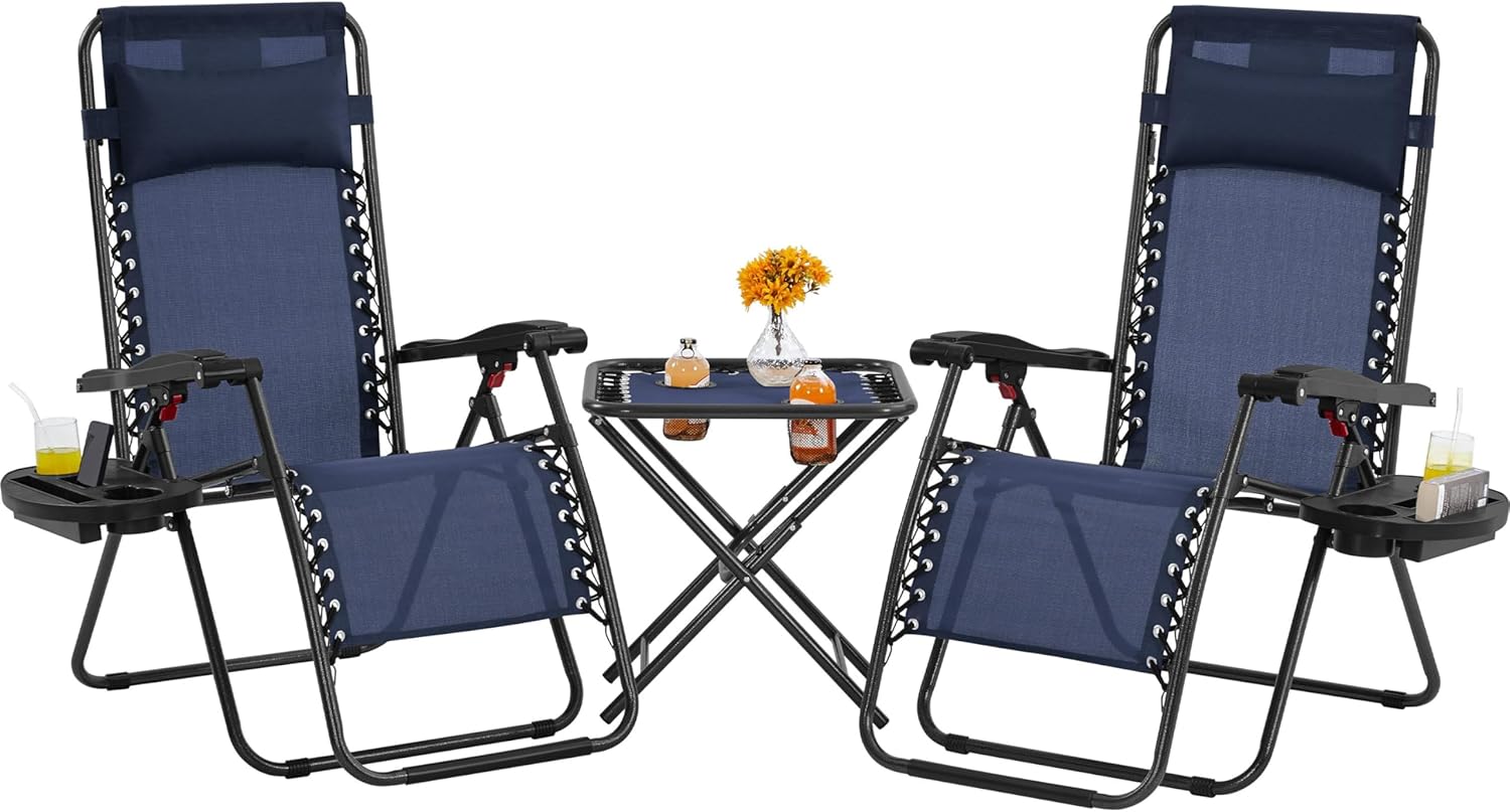 Yaheetech 3PCS Zero Gravity Recliner Portable Outdoor Reclining Chair Set w/Side Table Folding Chaise Lounge Chairs for Patio Beach Deck Garden Pool Beige