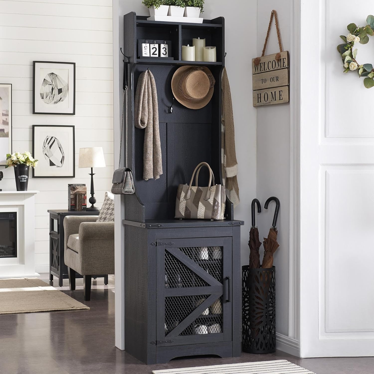 JXQTLINGMU 59" Farmhouse Hall Tree with Shoe Storage, Entryway Bench with 20 Cubbies, 12 Hooks & Sliding Barn Doors, Mudroom Coat Rack Cabinet, Off White