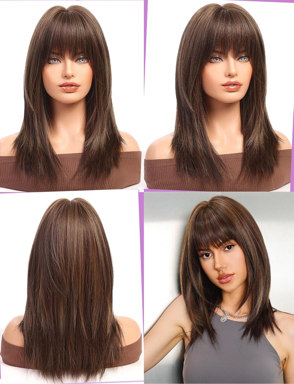 Dark Brown Wigs for Women layered Straight Wig with Bangs Natural Human Hair Wigs - Wigtrends