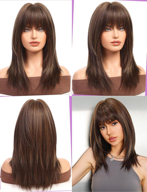 Dark Brown Wigs for Women layered Straight Wig with Bangs Natural Human Hair Wigs - Wigtrends