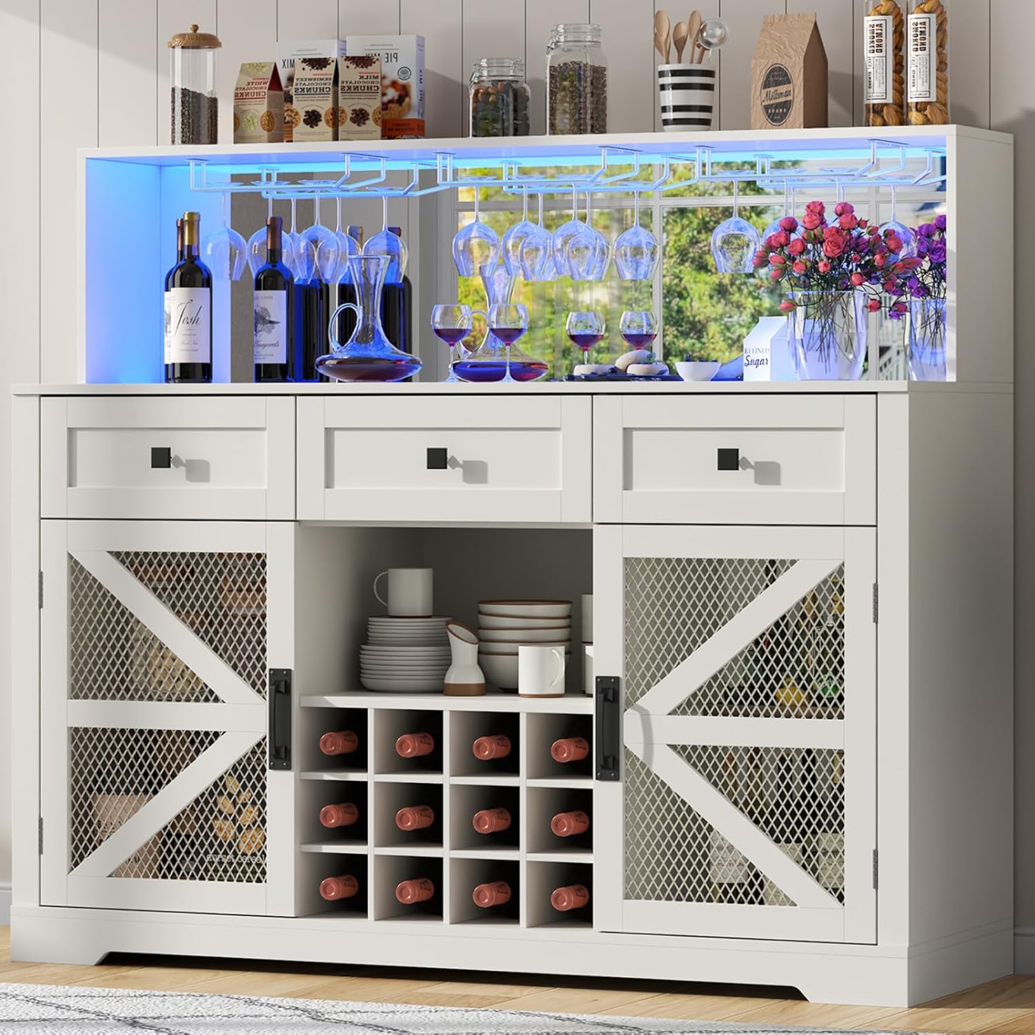 Loomie Wine Bar Cabinet with LED Light, Liquor Cabinet with Glass Holder, Coffee Bar for Liquor, Storage Buffet with Wine Racks, Wine Cabinet with Mesh Door (Rustic)