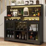Loomie Wine Bar Cabinet with LED Light, Liquor Cabinet with Glass Holder, Coffee Bar for Liquor, Storage Buffet with Wine Racks, Wine Cabinet with Mesh Door (Rustic)