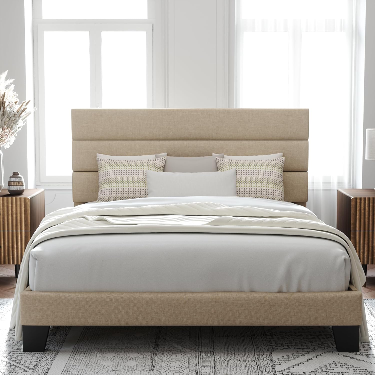 Allewie King Size Platform Bed Frame with Velvet Upholstered Headboard and Wooden Slats Support, Fully Upholstered Mattress Foundation/No Box Spring Needed/Easy Assembly, Black