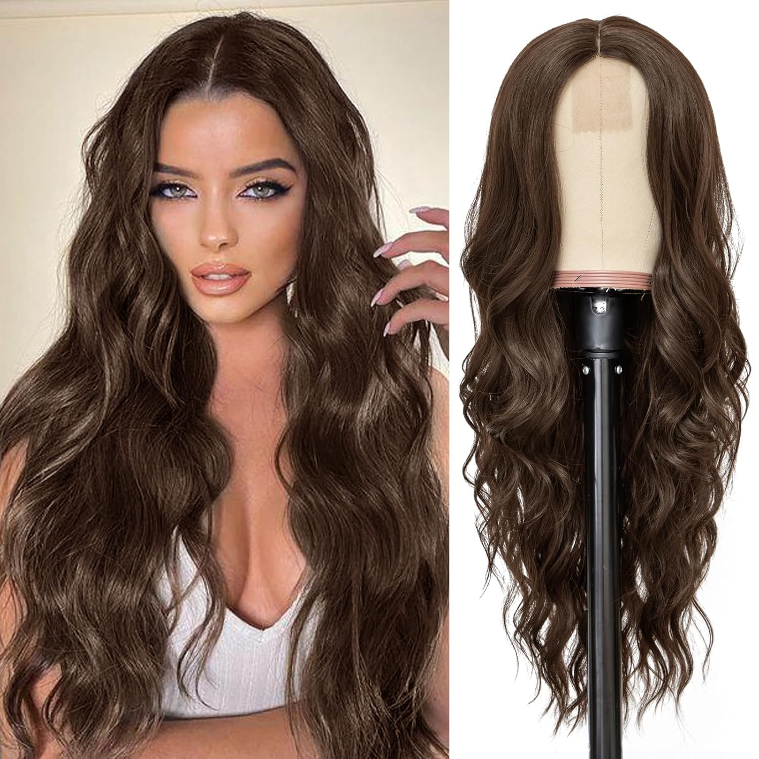 Long Auburn Wavy Wig 26 Inch Middle Part Curly Wavy Wig Natural Looking Synthetic Wig