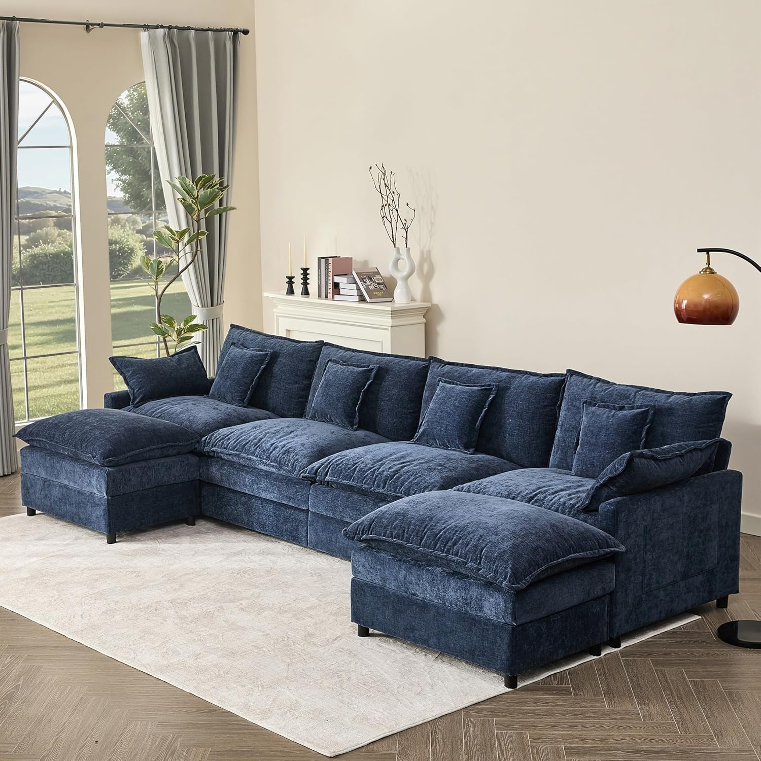108" U Shaped Couch, Modular Sectional Sofa, 3-Seater Comfy Cloud Couch with Movable Ottoman, Deep Seat Couches for Living Room, Linen, Beige