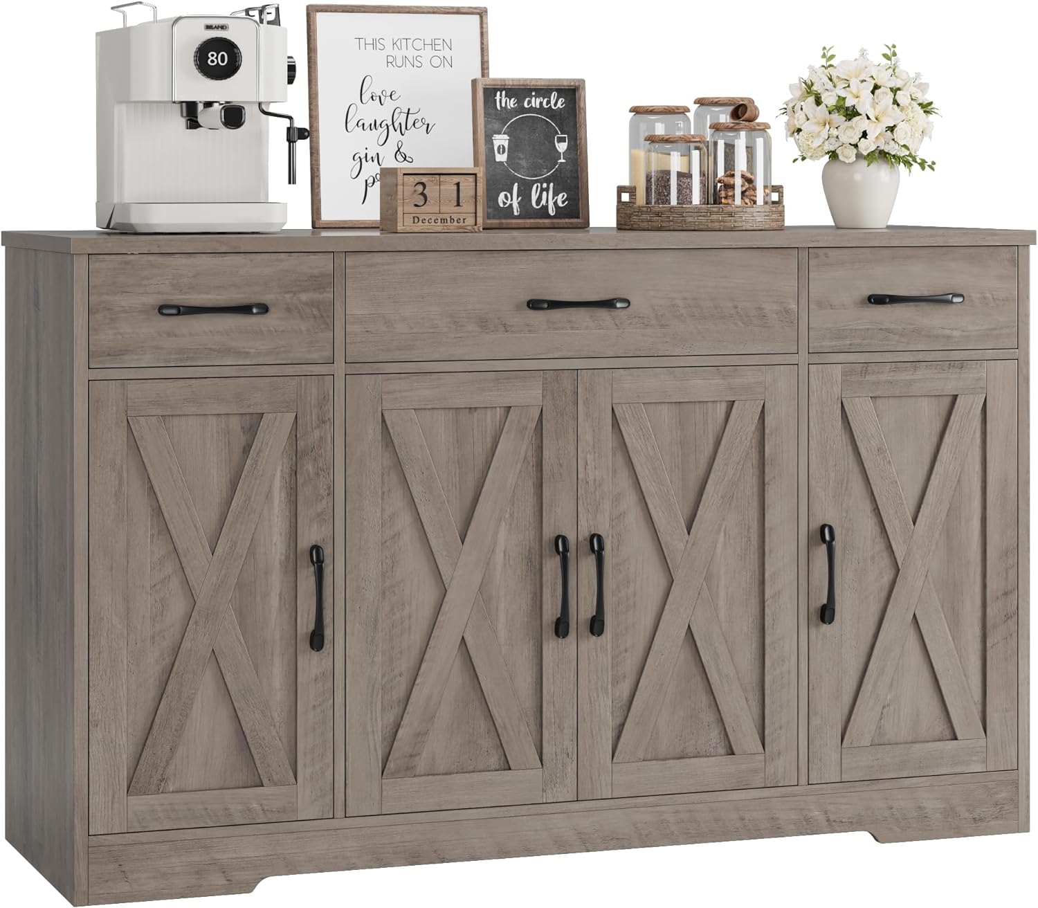 HOSTACK Buffet Cabinet with Drawers, 55" Large Sideboard Buffet Storage Cabinet with Shelves and Doors, Modern Farmhouse Coffee Bar Station Wood Kitchen Table for Kitchen, Dining Room, White/Rustic
