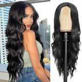 Long Auburn Wavy Wig 26 Inch Middle Part Curly Wavy Wig Natural Looking Synthetic Wig