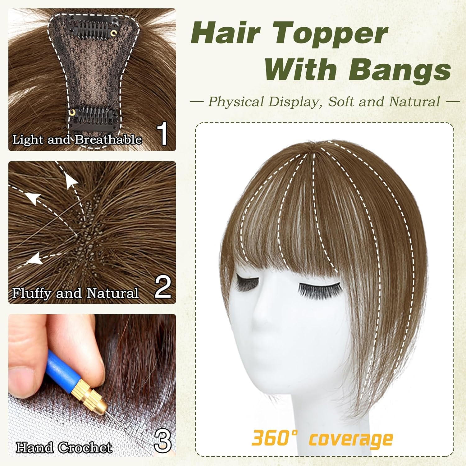 Clip in Bangs 100% Human Hair Toppers 360°3D Hair Pieces Clip On Air Bangs Extensions - Wigtrends