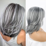 Short Curly Bob Layered Wig Wavy Salt and Pepper Gray Wig