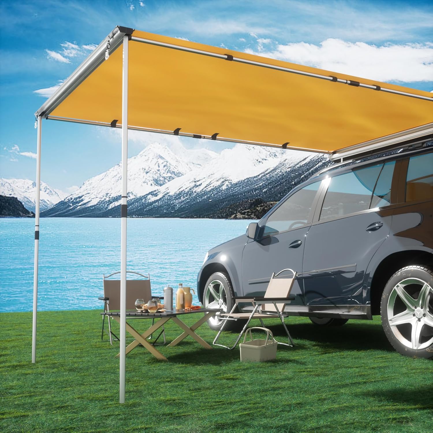 TIMBER RIDGE Car Awning Camper Awning 8.2X6.5ft Truck Awning Waterproof PU10000mm UV50+ Rooftop Overland Camping, Retractable Side Awning Awning Tent Shade for Car/SUV/Truck/Van, Beige