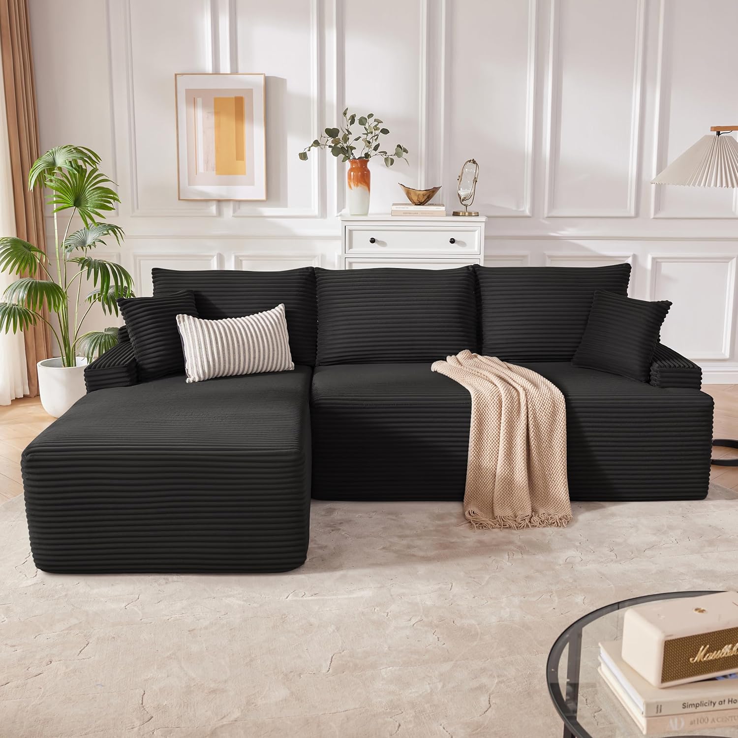 110” Cloud Sectional Couch, Boneless Sofa for Living Room, Modular Sectional Sofa with Deep Seat, Fluffy Couch with L-Shaped Chaise, No Assembly Required (Right-Facing Chaise, Dark Grey)