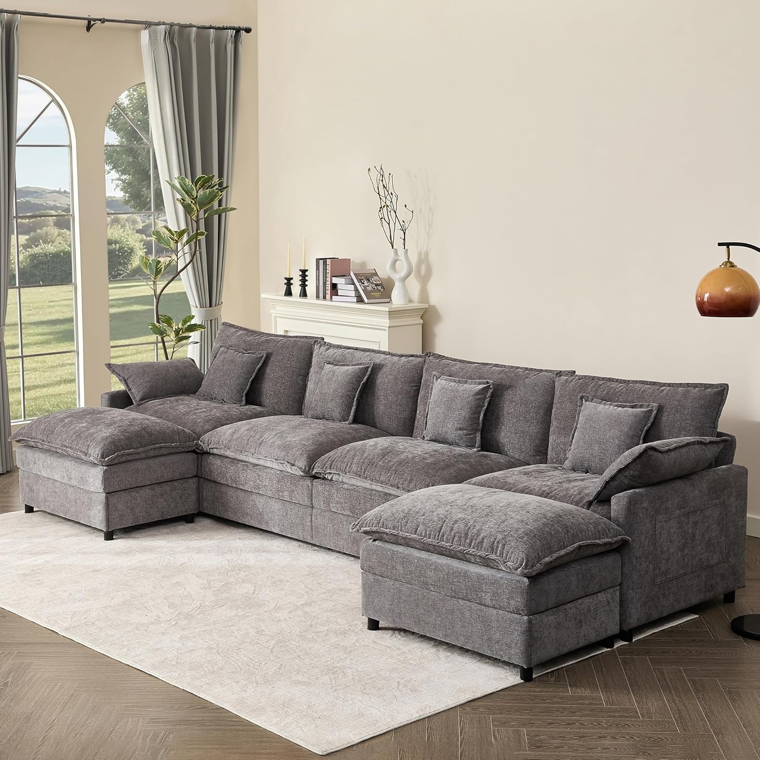 108" U Shaped Couch, Modular Sectional Sofa, 3-Seater Comfy Cloud Couch with Movable Ottoman, Deep Seat Couches for Living Room, Linen, Beige