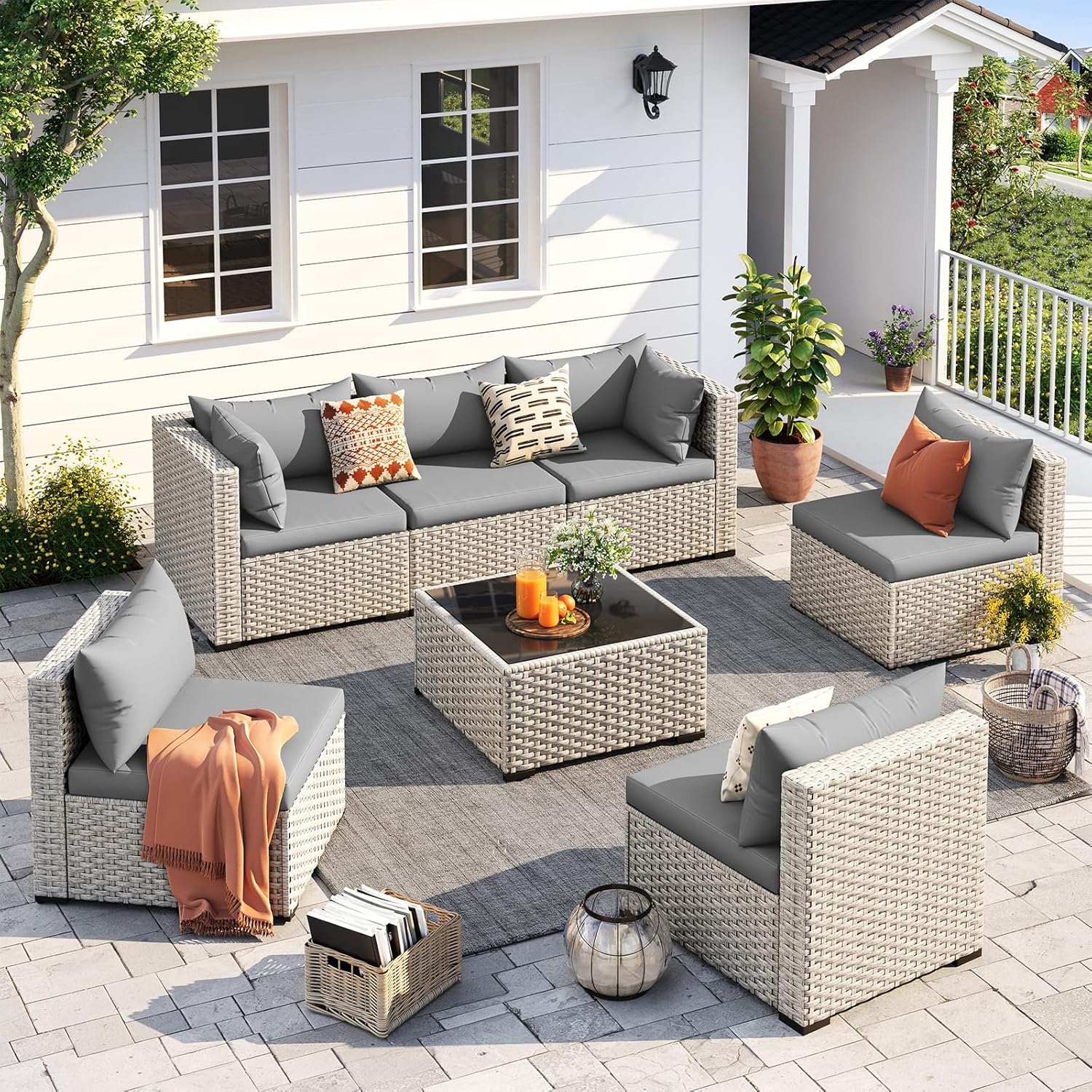 UDPATIO Outdoor Patio Furniture Set, 7-Piece PE Wicker Sectional Sofa with Tea Table, Outdoor Conversation Set for Patio, Garden, Backyard Green