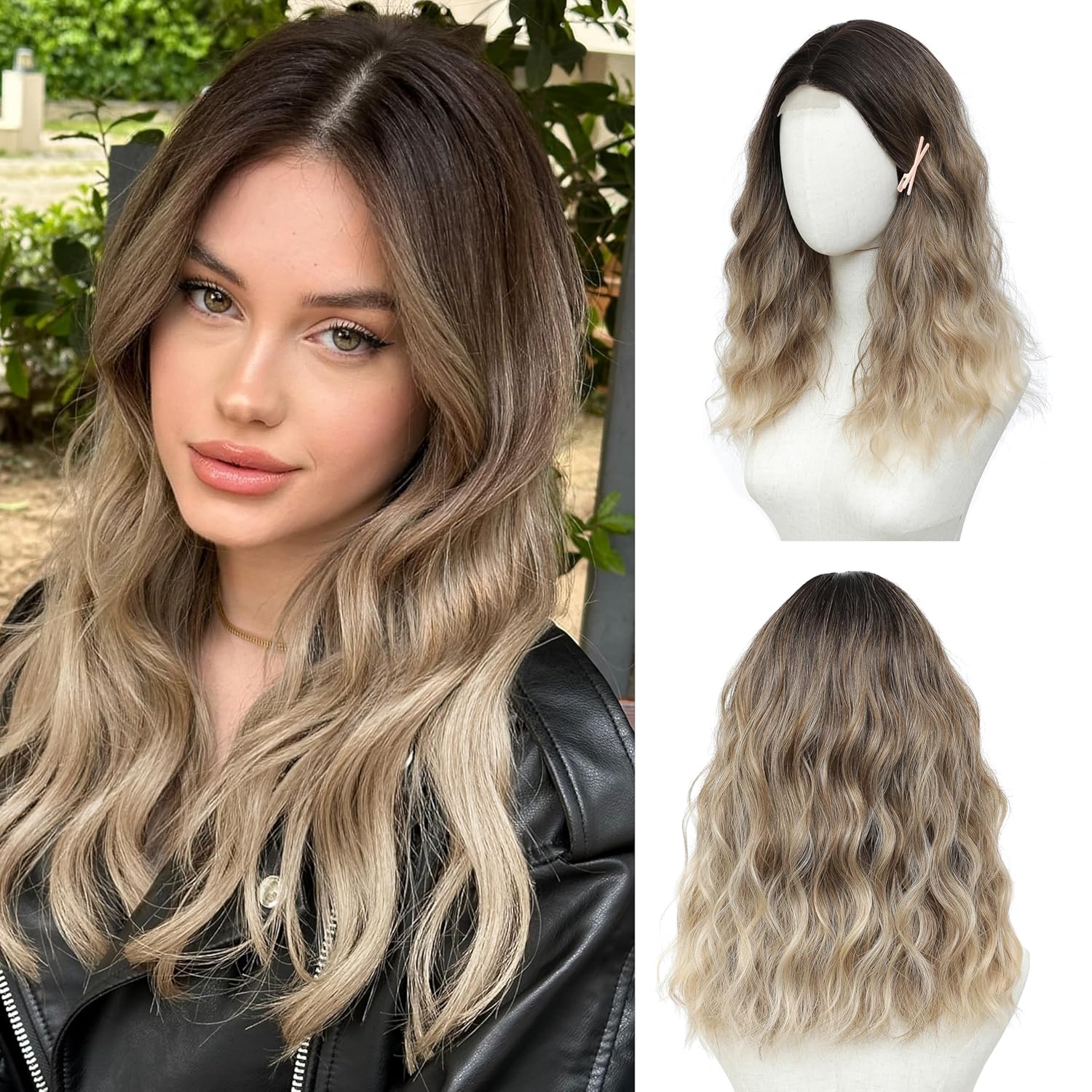 Brown Highlight Medium Length Wigs Wavy Human Hair Wigs with Upgraded Strands