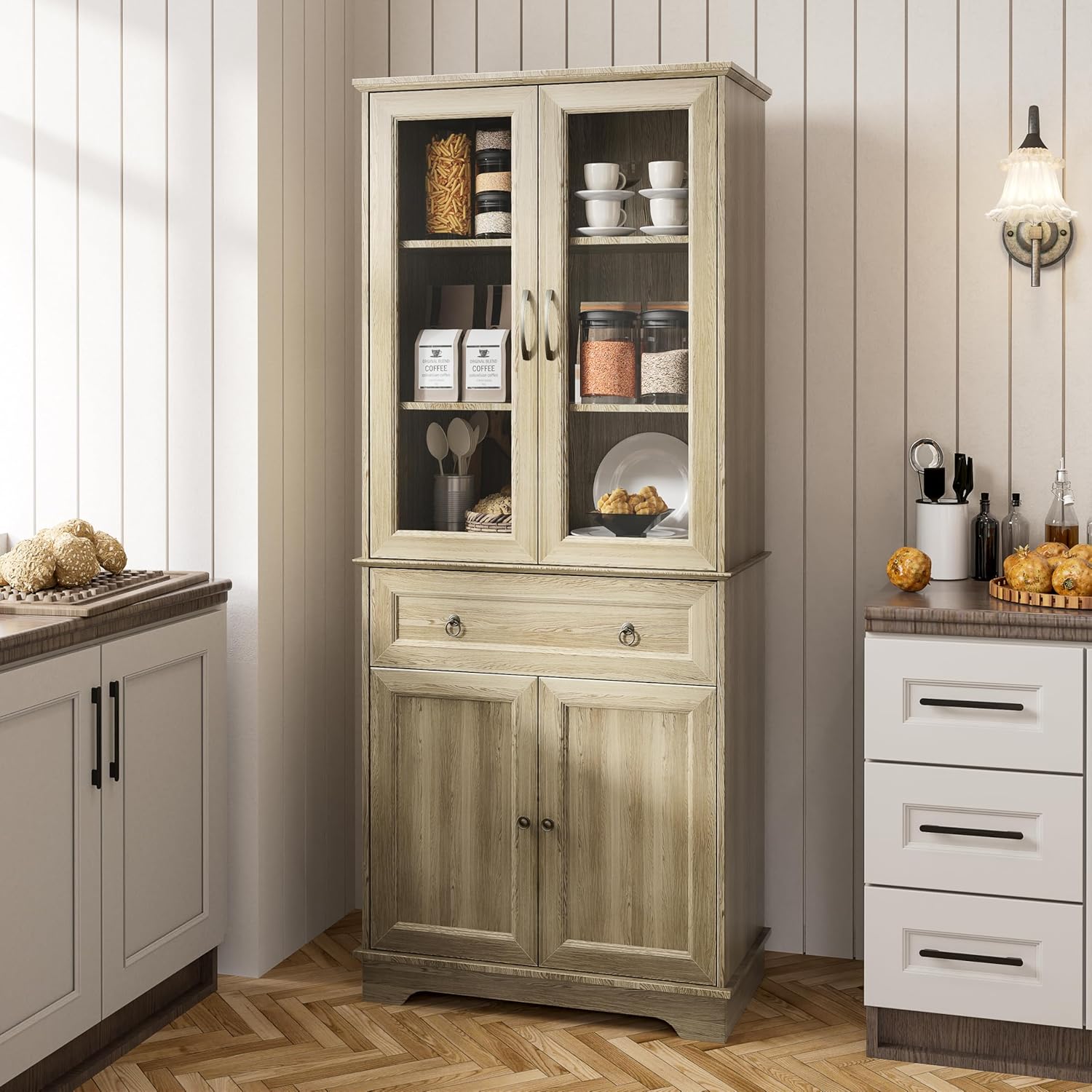 Kitchen Hutch Pantry Cabinet 71" Tall with Glass Doors