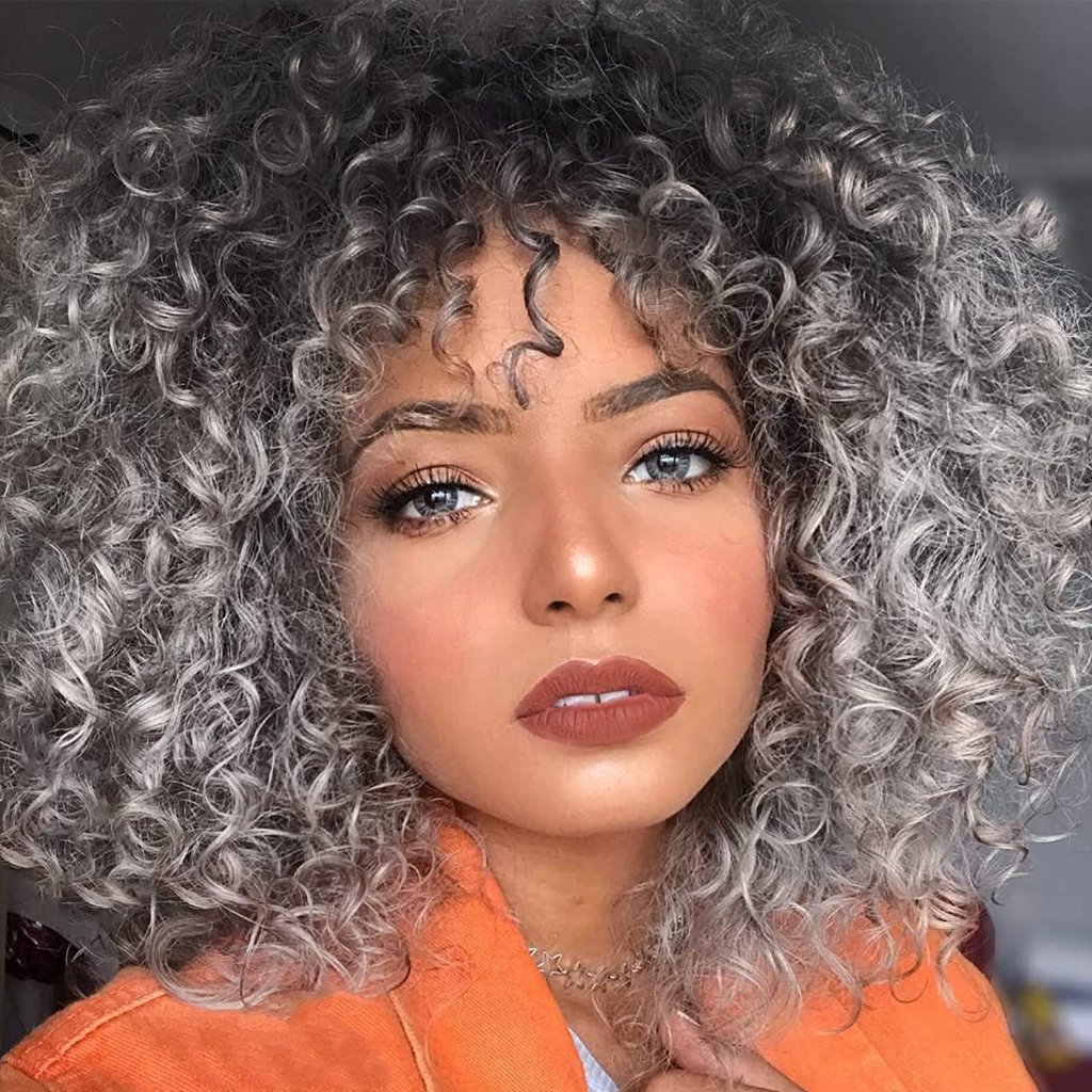 African short curly gray wig with bangs synthetic heat - resistant hair - Wigtrends