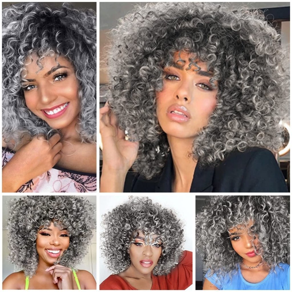 African short curly gray wig with bangs synthetic heat - resistant hair - Wigtrends